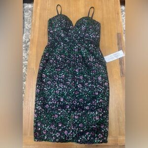 Dress the Population Sequin Navy Midi Dress with Purple and Green Floral Design